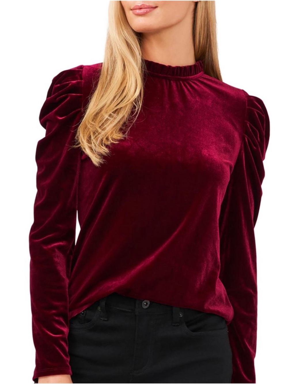 CeCe Velvet Puff-Sleeve Long-Sleeve Top - Burgundy